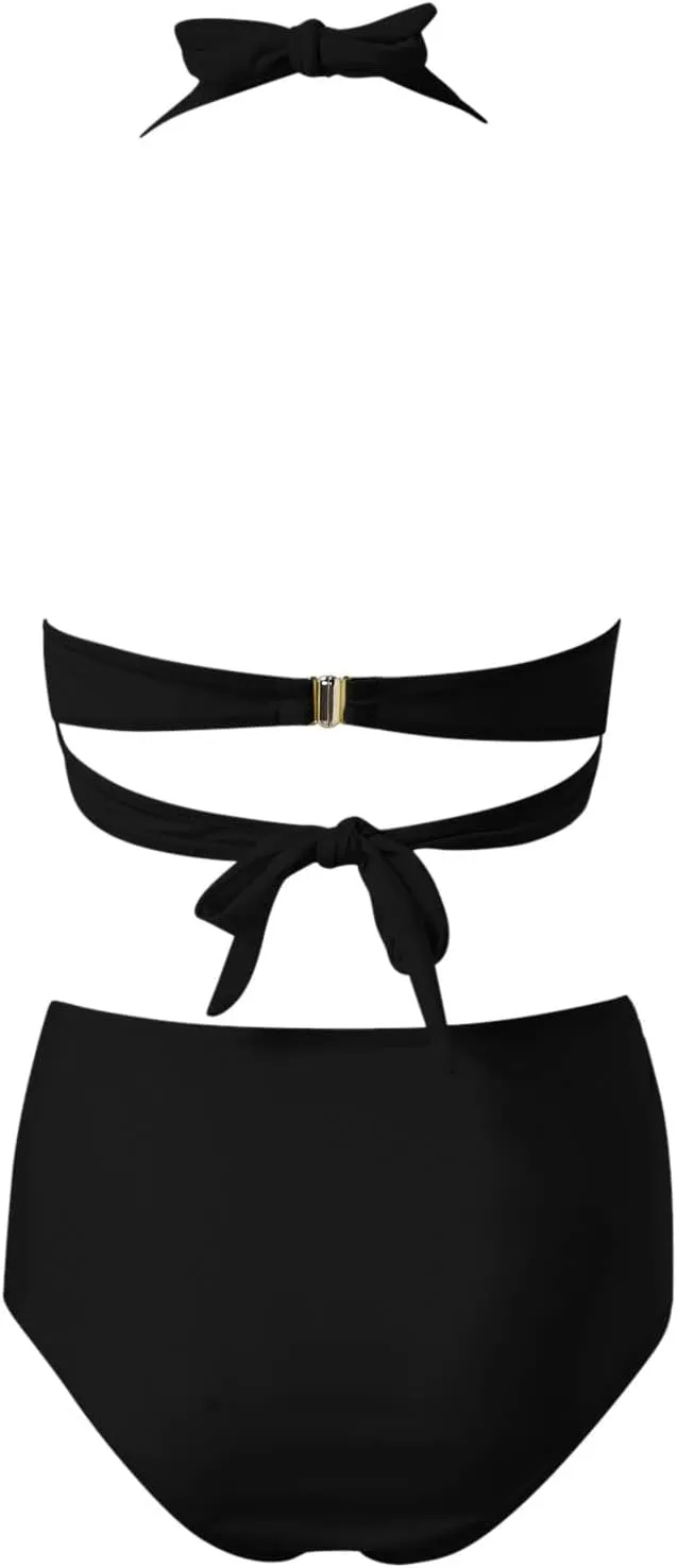 Bikini Sets for Women Push Up Two Piece Vintage Swimsuit Retro Halter Ruched High Waist Bikini with Bottom