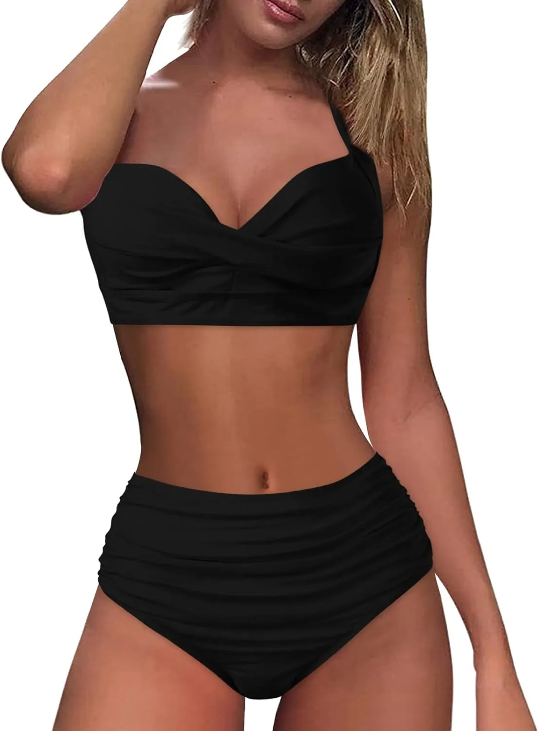 Bikini Sets for Women Push Up Two Piece Vintage Swimsuit Retro Halter Ruched High Waist Bikini with Bottom