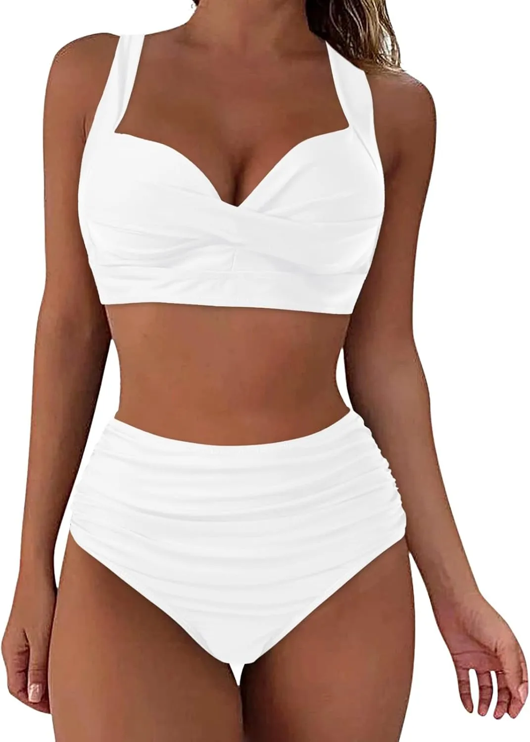 Bikini Sets for Women Push Up Two Piece Vintage Swimsuit Retro Halter Ruched High Waist Bikini with Bottom
