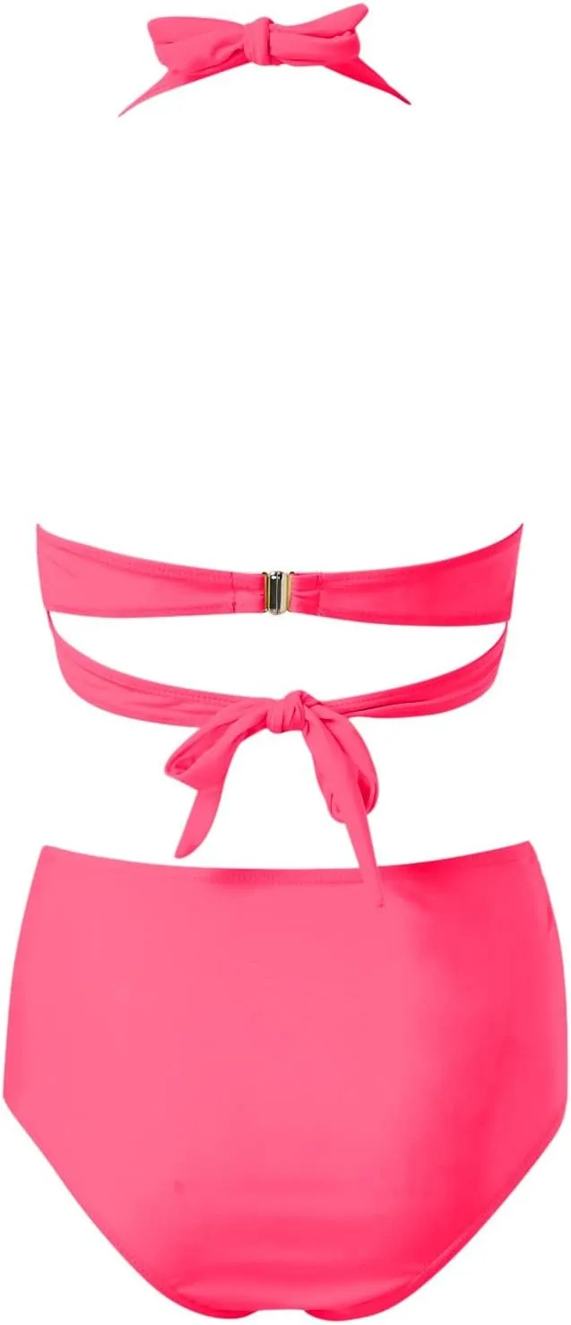 Bikini Sets for Women Push Up Two Piece Vintage Swimsuit Retro Halter Ruched High Waist Bikini with Bottom