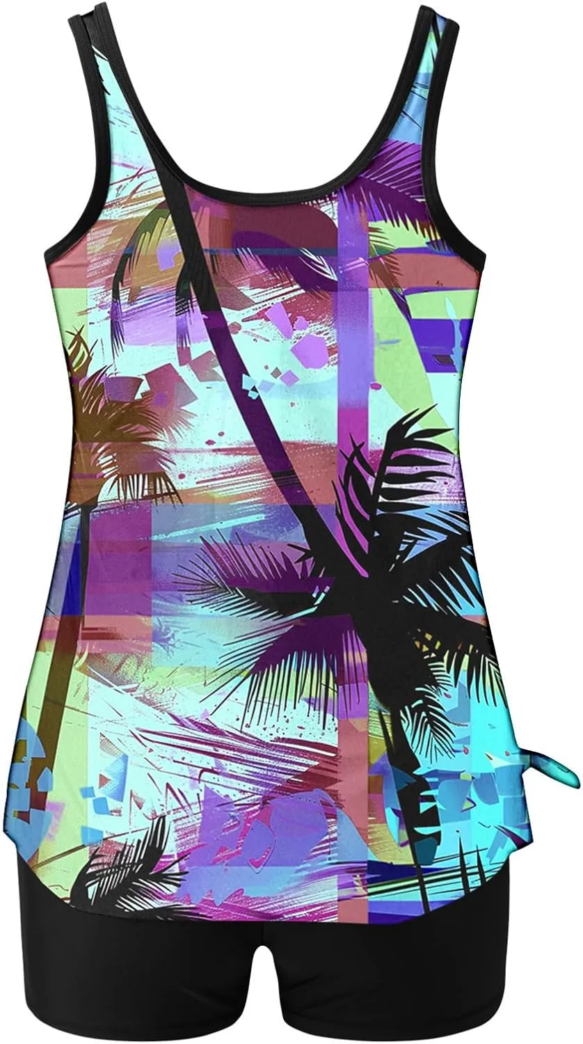 Bikini Swimsuits for Women 2025 Tummy Control Two Piece Tankini Bathing Suit Graphic Swim Tank Top with Boyshorts