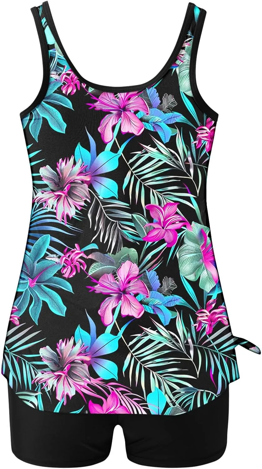 Bikini Swimsuits for Women 2025 Tummy Control Two Piece Tankini Bathing Suit Graphic Swim Tank Top with Boyshorts