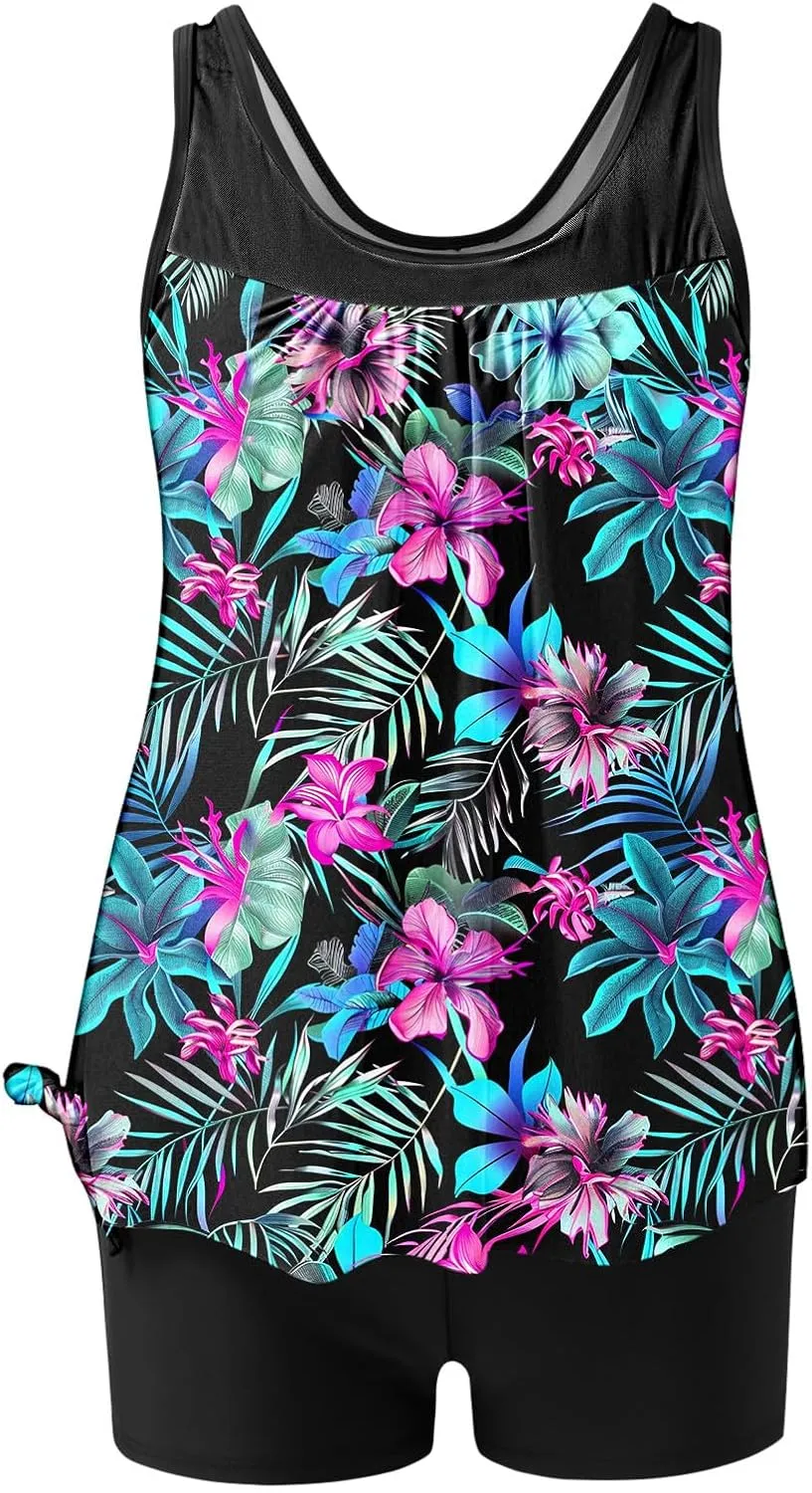 Bikini Swimsuits for Women 2025 Tummy Control Two Piece Tankini Bathing Suit Graphic Swim Tank Top with Boyshorts
