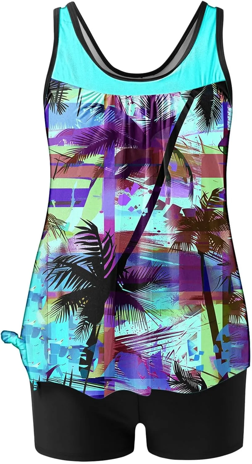 Bikini Swimsuits for Women 2025 Tummy Control Two Piece Tankini Bathing Suit Graphic Swim Tank Top with Boyshorts