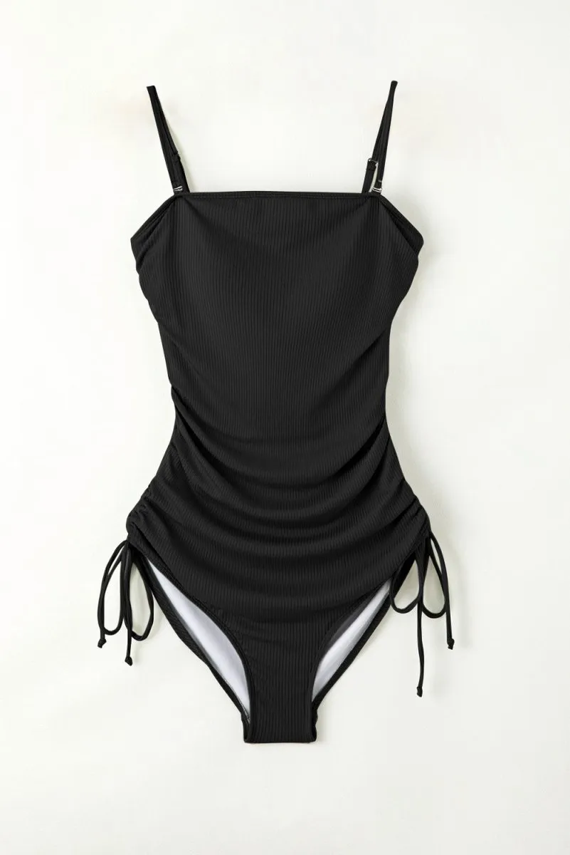 Black Bathing Suit One Piece with Spaghetti Strap and Drawstring