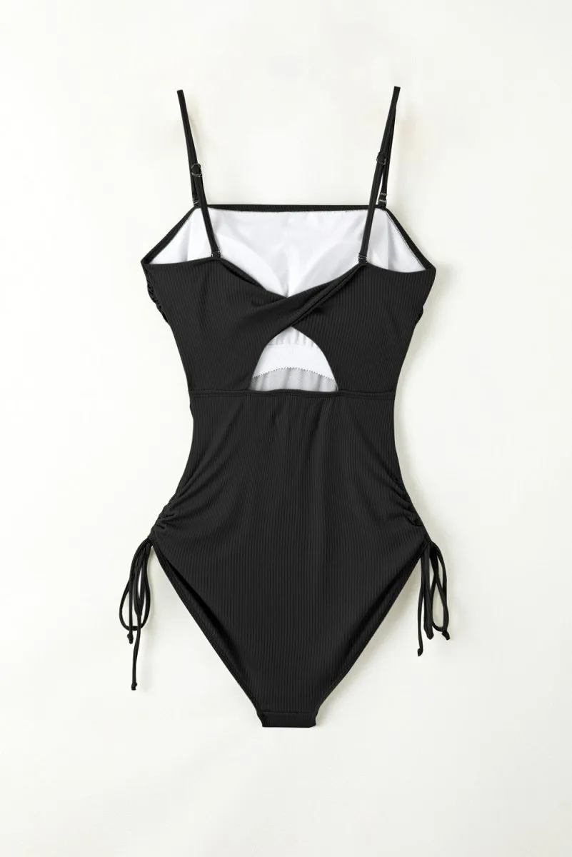 Black Bathing Suit One Piece with Spaghetti Strap and Drawstring