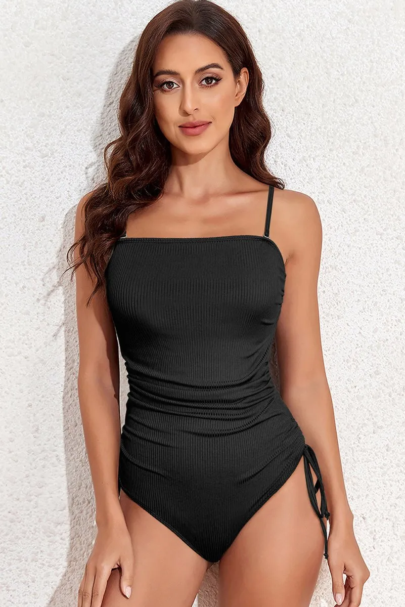 Black Bathing Suit One Piece with Spaghetti Strap and Drawstring