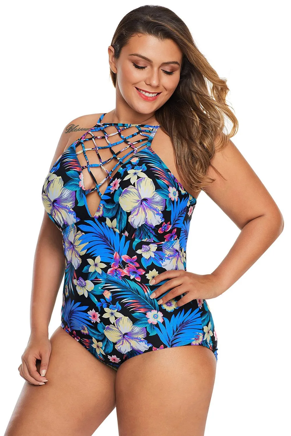 Black Floral Neck Plus Size One Piece Swim Suit