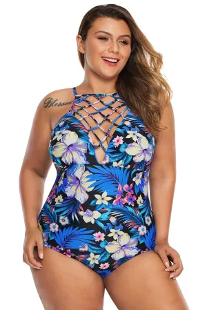 Black Floral Neck Plus Size One Piece Swim Suit