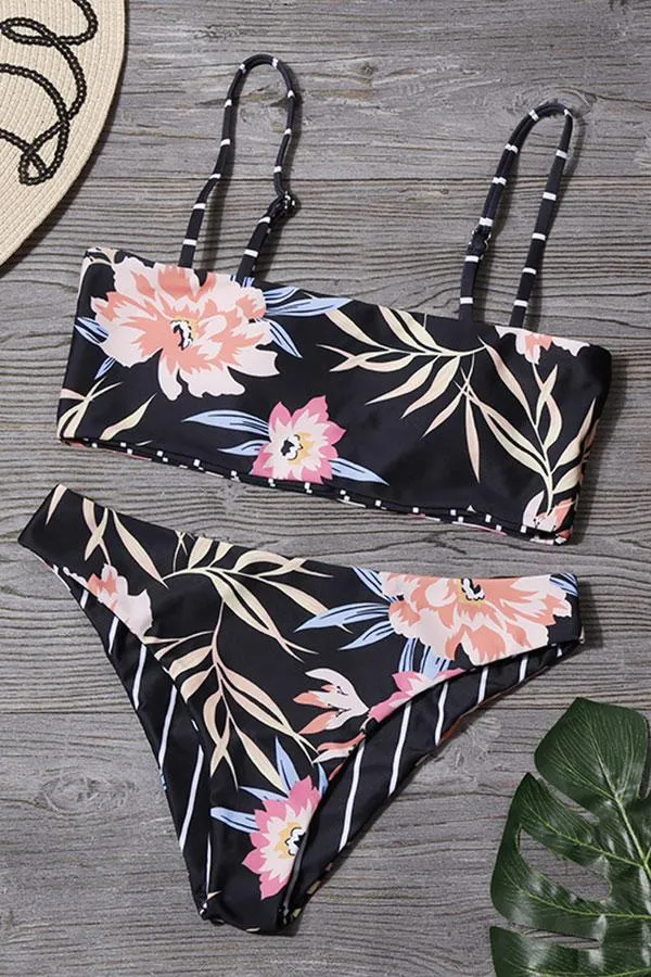 Black Floral Print Classic Bikini