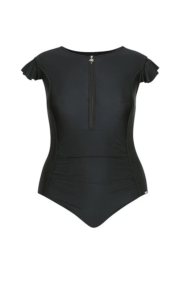 Black Frill Sleeve One Piece Swimsuit