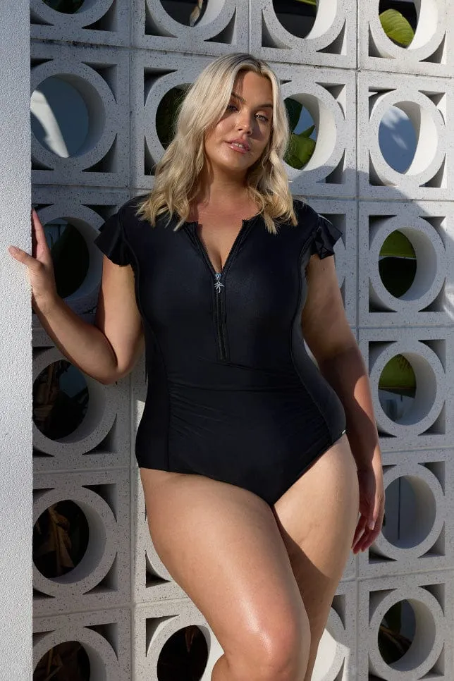 Black Frill Sleeve One Piece Swimsuit