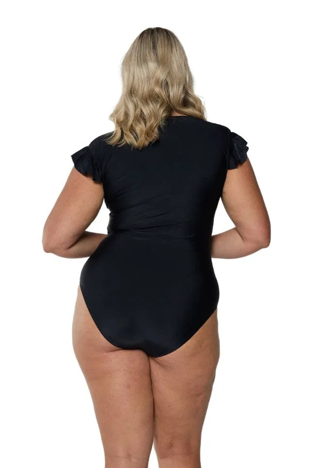 Black Frill Sleeve One Piece Swimsuit