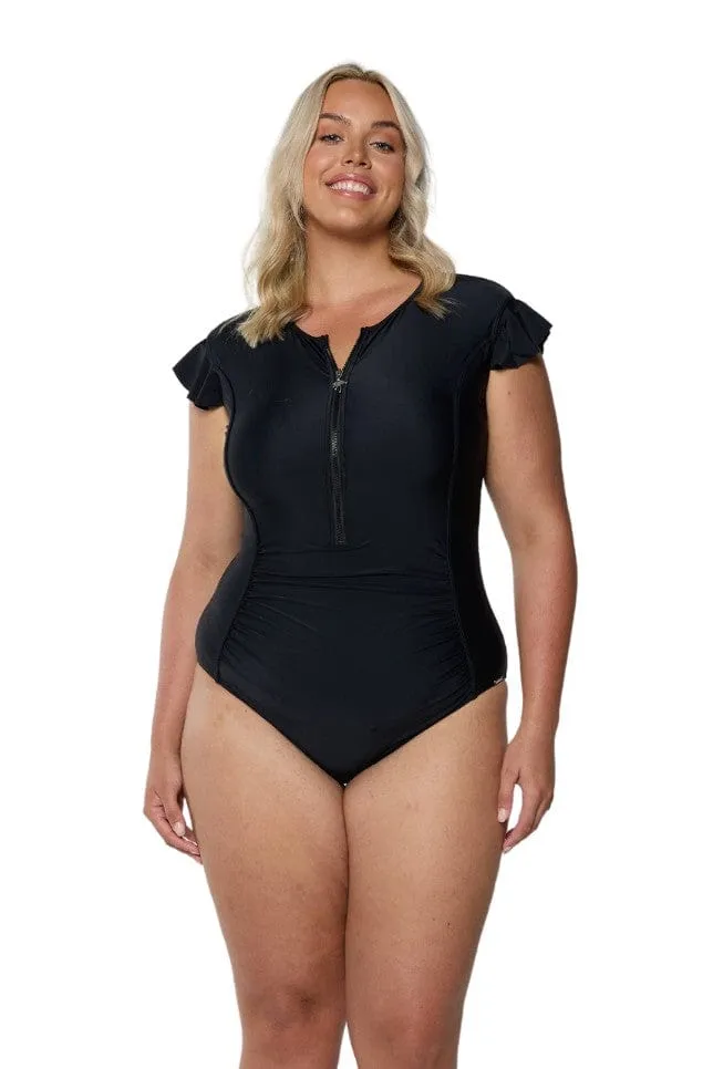 Black Frill Sleeve One Piece Swimsuit