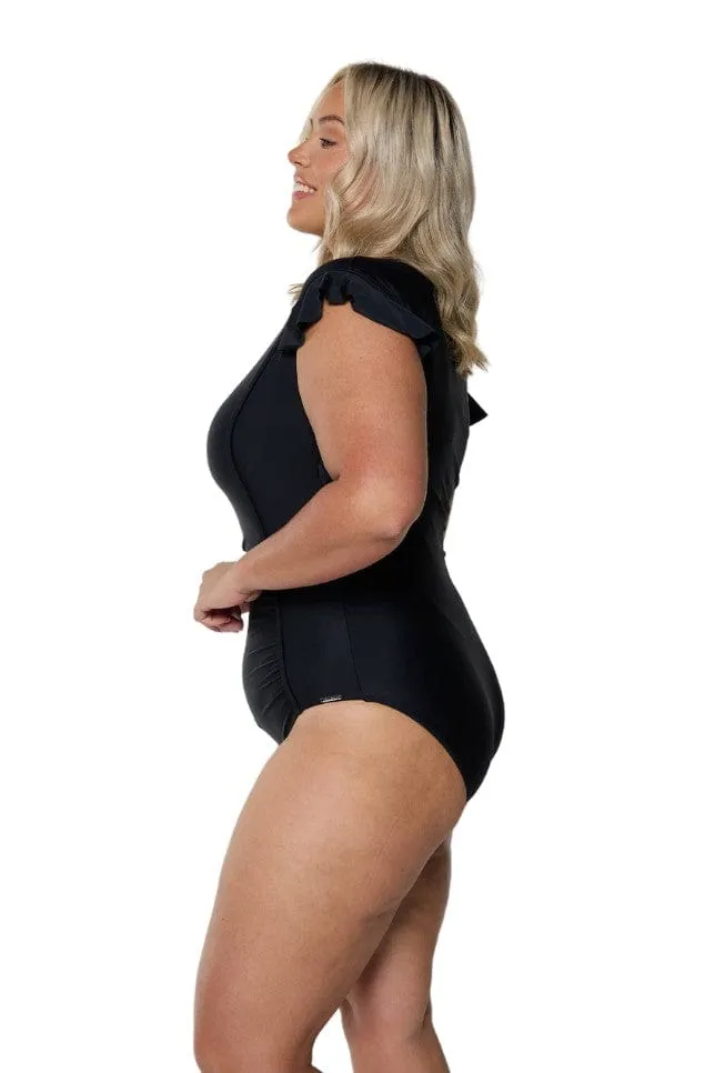 Black Frill Sleeve One Piece Swimsuit