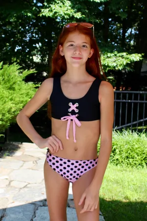 BLACK/ PINK BLACK DOT CROP JET SET GROMMENT BIKINI