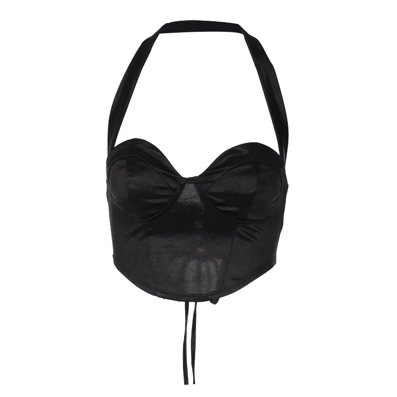 Black Satin Halter Crop Top