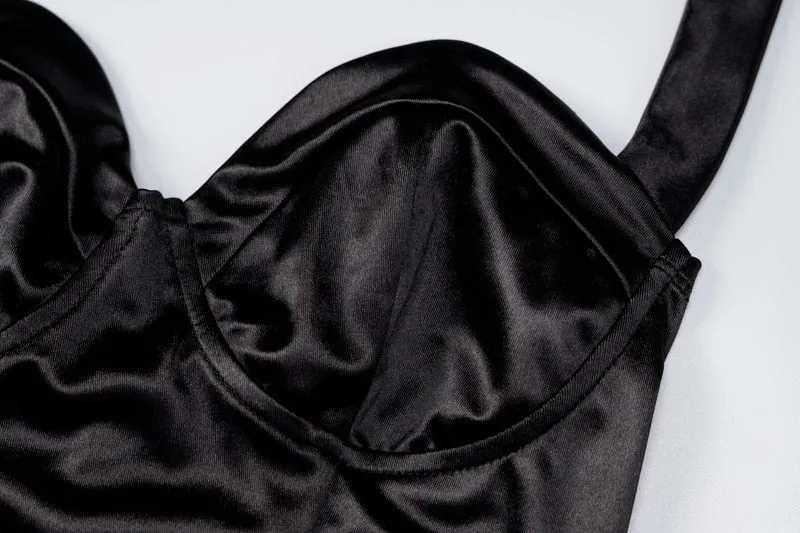 Black Satin Halter Crop Top