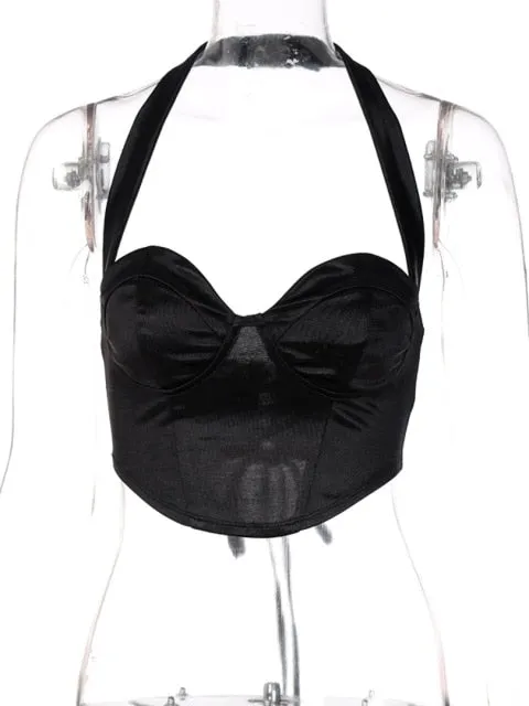 Black Satin Halter Crop Top