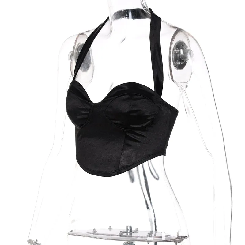 Black Satin Halter Crop Top