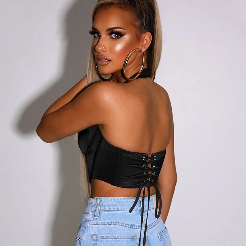 Black Satin Halter Crop Top