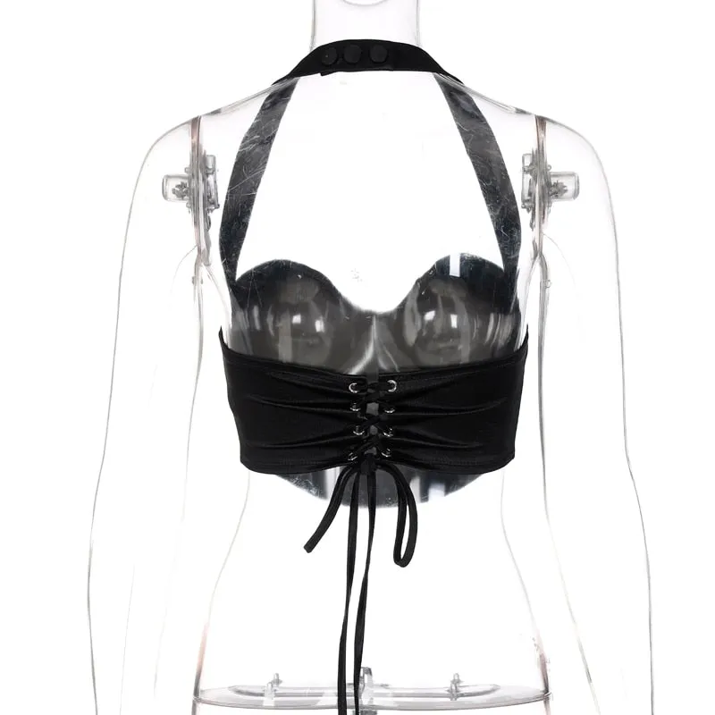 Black Satin Halter Crop Top