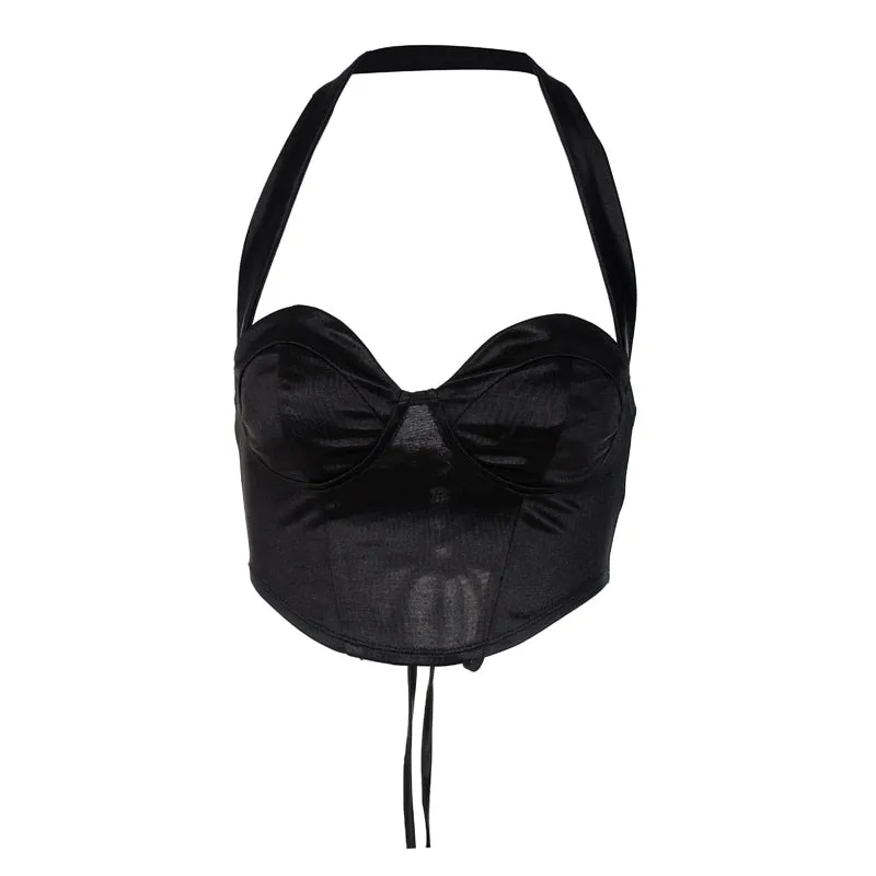Black Satin Halter Crop Top