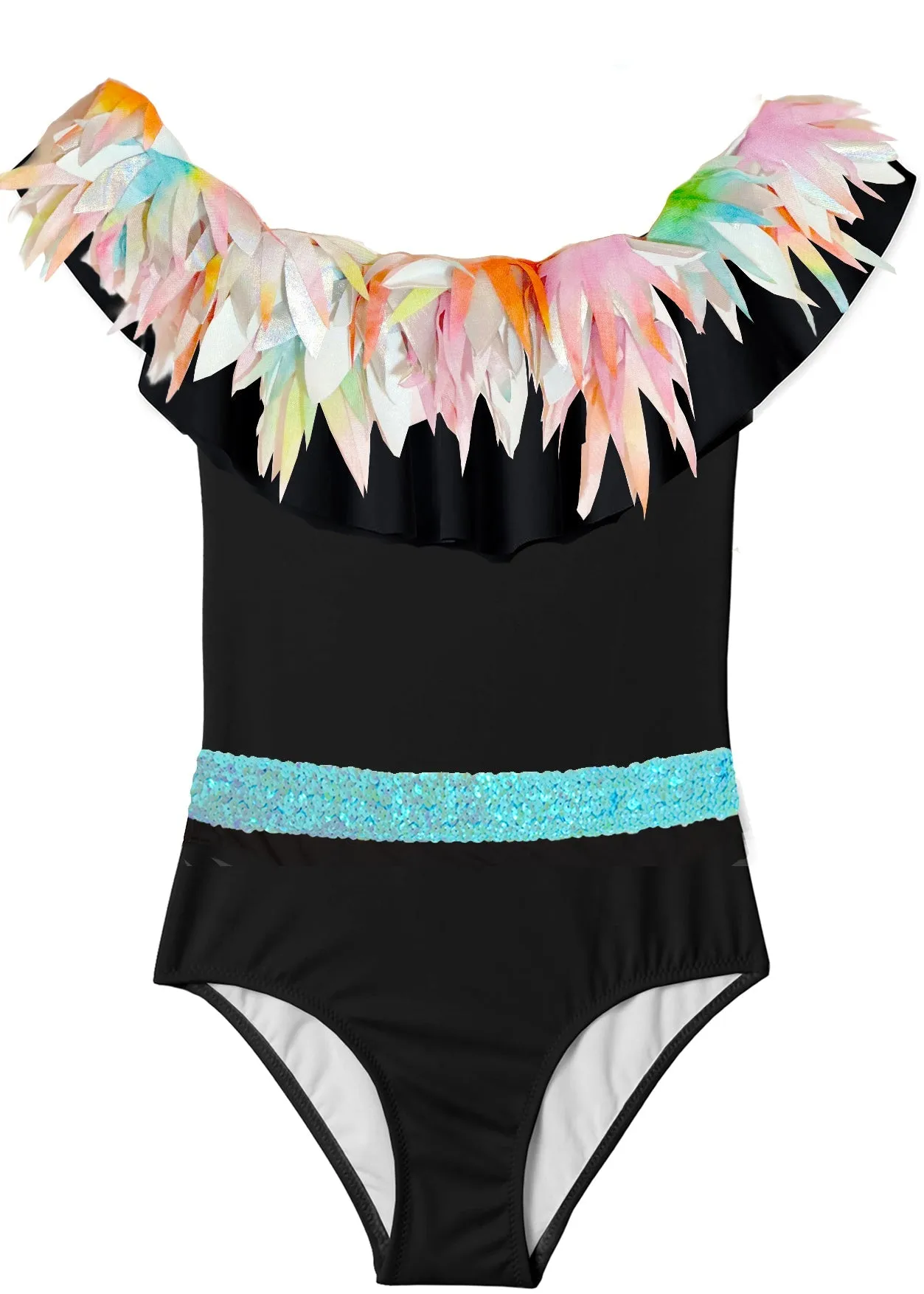 Black Swimsuit with Mixed Petals & Aqua Sequin Belt