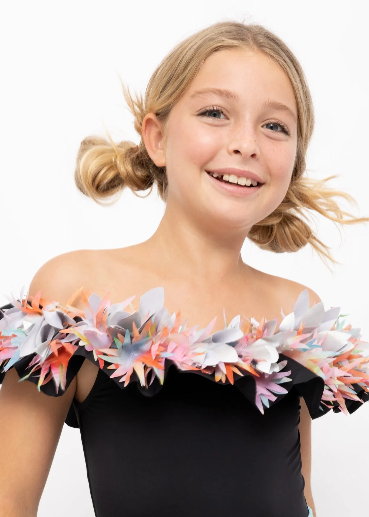 Black Swimsuit with Mixed Petals & Aqua Sequin Belt