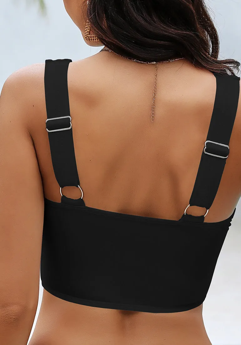Black Women's Swimwear Tops Padded Knot Twist One Piece Swimsuit Adjustable Strap Tankini Tops