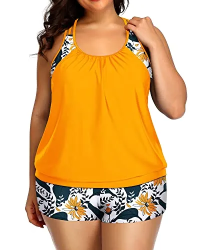 Blouson Plus Size Women's Tankini With Sports Plus Size Swimsuit Shorts-Yellow Floral