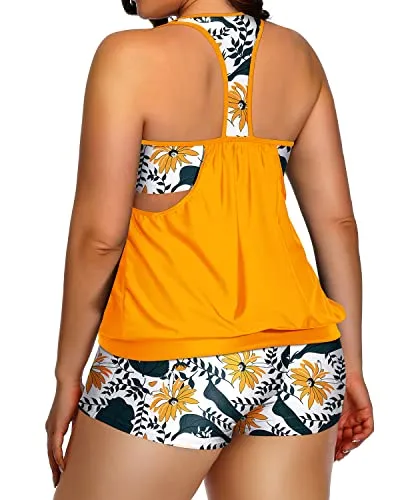 Blouson Plus Size Women's Tankini With Sports Plus Size Swimsuit Shorts-Yellow Floral