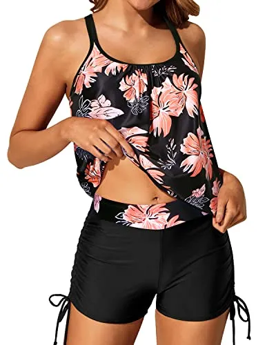 Blouson Push Up Padded Bra Swimsuits Adjustable Shoulder Straps-Black Orange Floral
