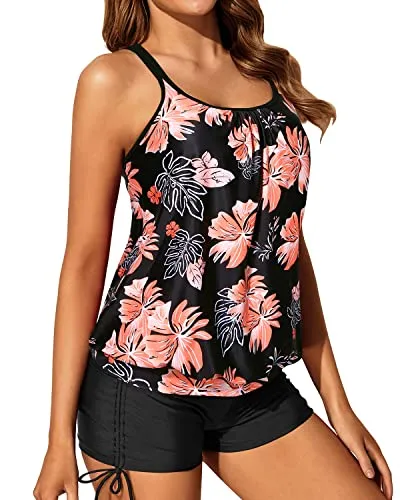 Blouson Push Up Padded Bra Swimsuits Adjustable Shoulder Straps-Black Orange Floral