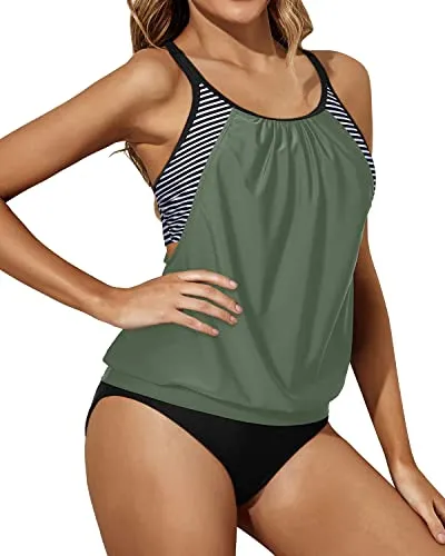 Blouson Swim Top & Bottom Double Up Tankini Swimsuits For Women-Army Green