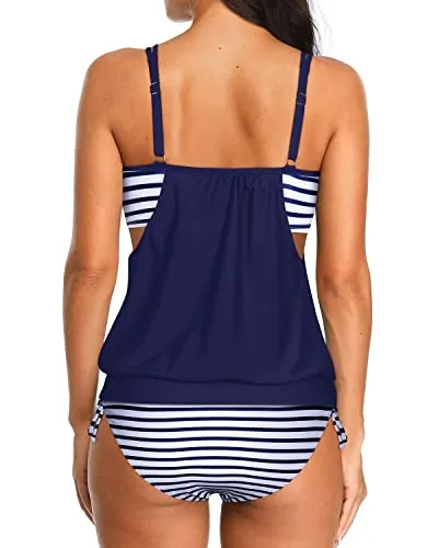 Blouson Swim Tops Bikini Bottoms Double Up Tankini Bathing Suits For Women-Blue White Stripe