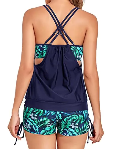 Blouson Tankini Swimsuits for Women Tummy Control Two Piece Swimwear