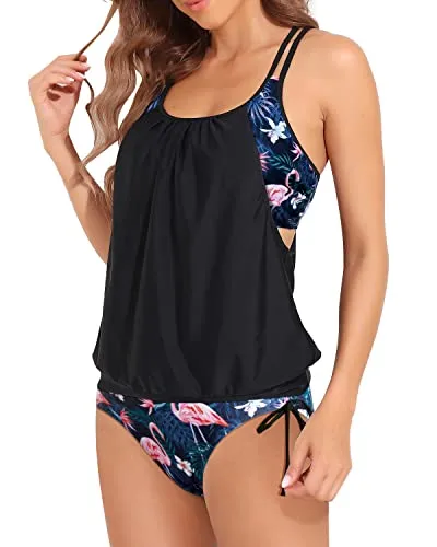 Blouson Tankini Swimsuits Two Piece Tummy Control Bathing Suits