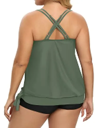 Blouson Tankini Top With Boy Shorts Plus Size Two Piece Swimsuit For Women-Olive Green