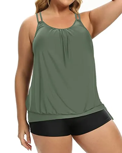Blouson Tankini Top With Boy Shorts Plus Size Two Piece Swimsuit For Women-Olive Green