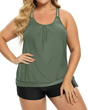 Blouson Tankini Top With Boy Shorts Plus Size Two Piece Swimsuit For Women-Olive Green