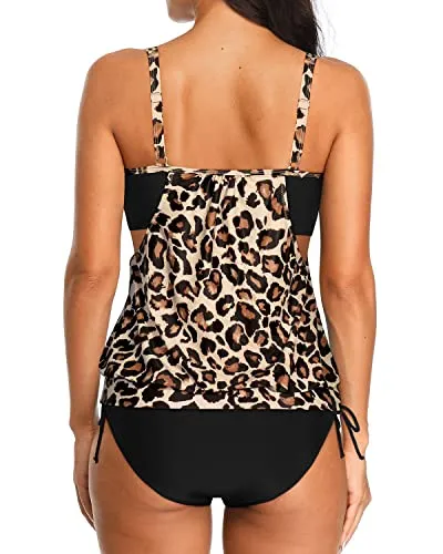 Blouson Tankini Tops Bikini Bottoms Tankini Swimsuits For Women-Black And Leopard