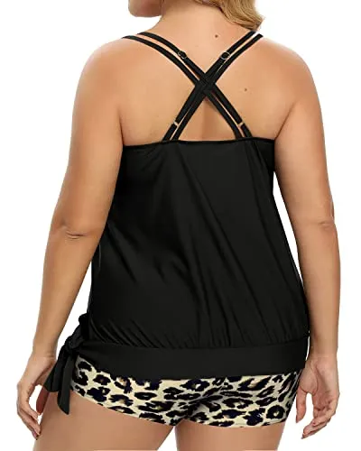 Blouson Tummy Control Plus Size Two Piece Tankini Bathing Suits For Women-Black And Leopard