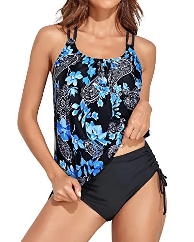 Blouson Two Piece Tankini Bathing Suits For Women Tummy Control Swimsuits-Black Floral