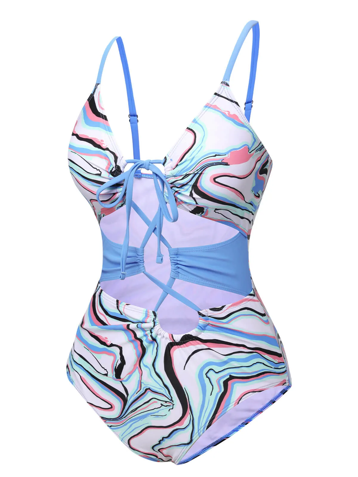 Blue 1940s Marble Print Hollow One-Piece Swimsuit