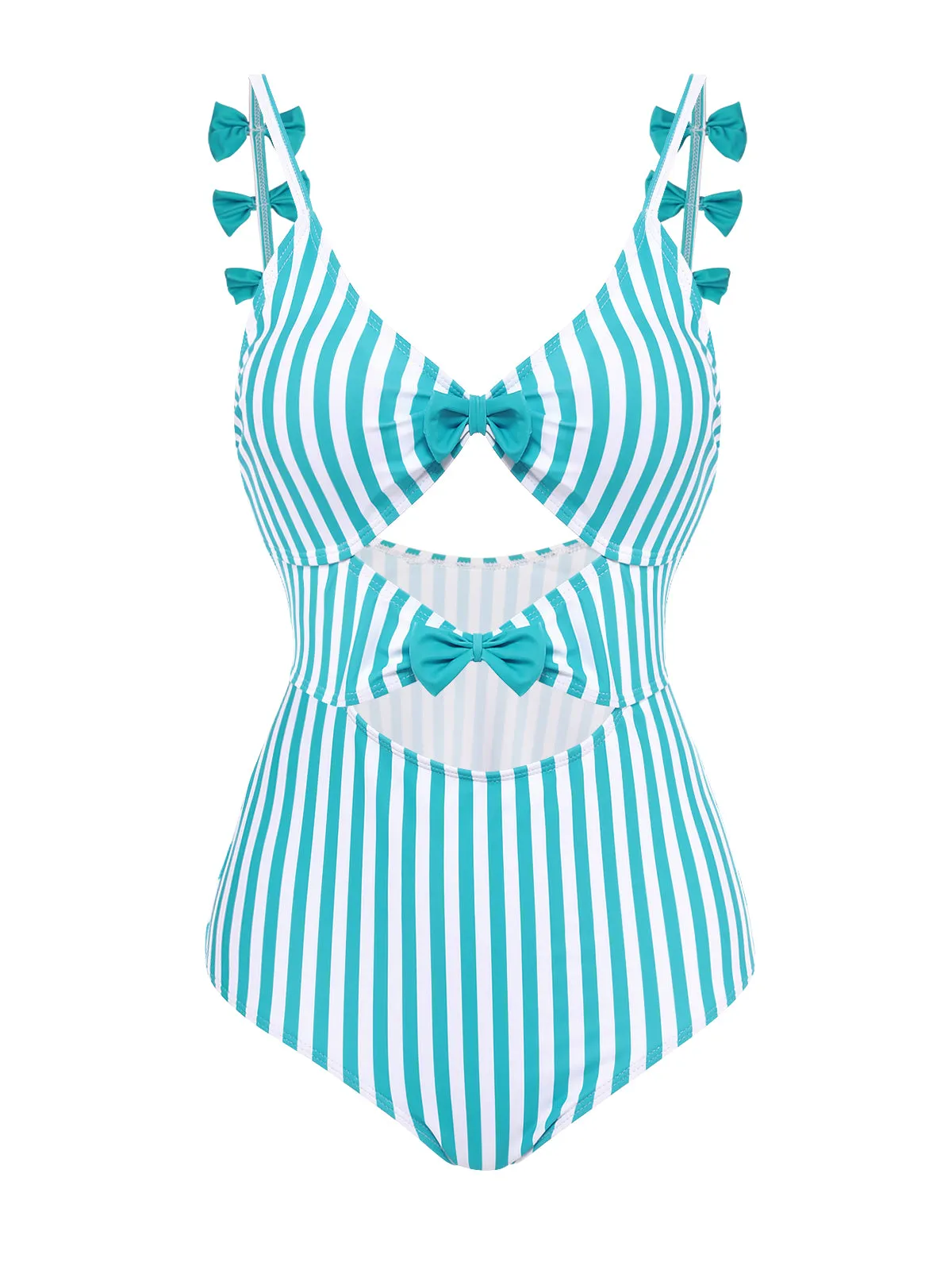 Blue 1960s Stripe Strap Bow One-Piece Swimsuit
