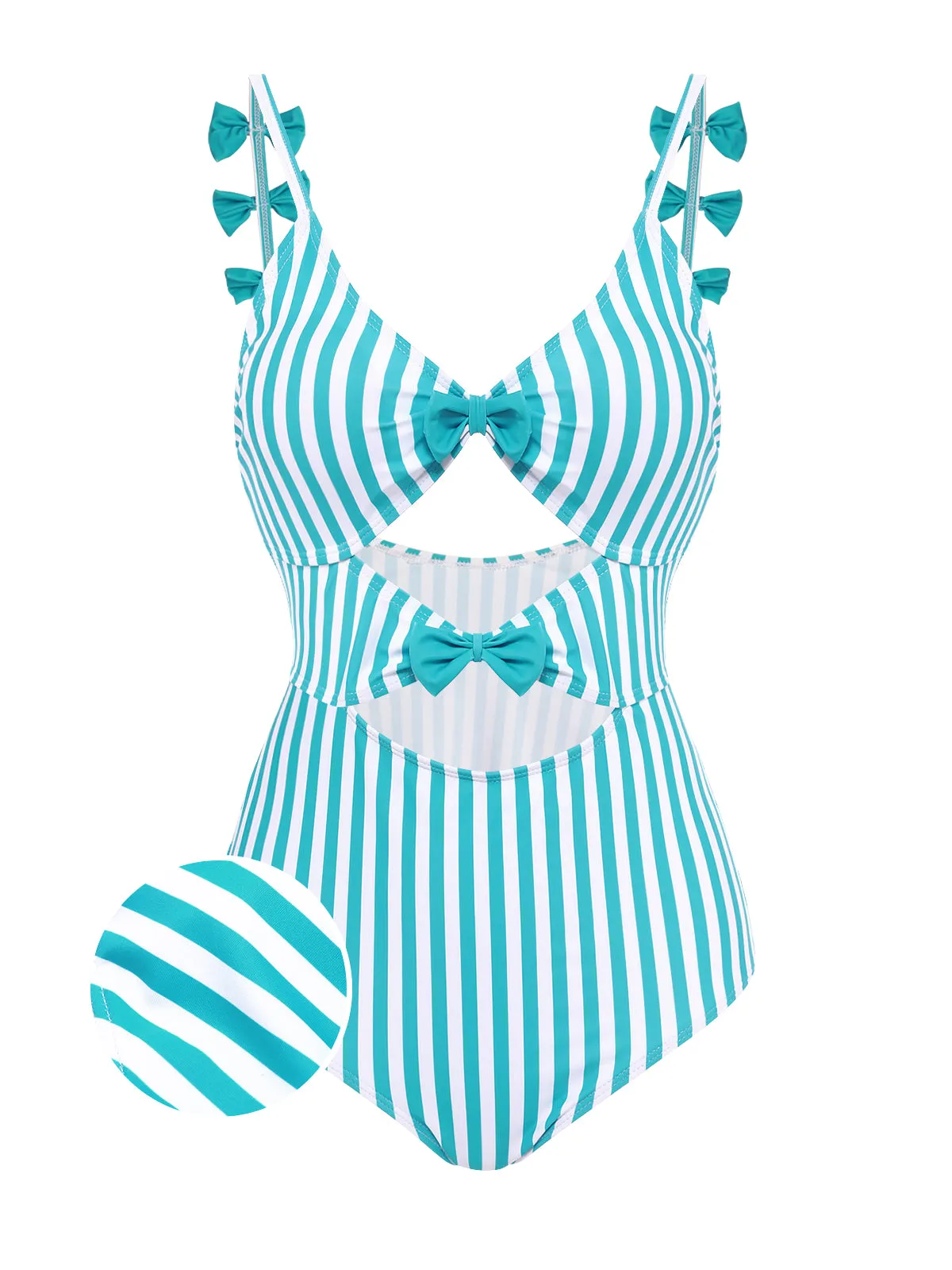 Blue 1960s Stripe Strap Bow One-Piece Swimsuit