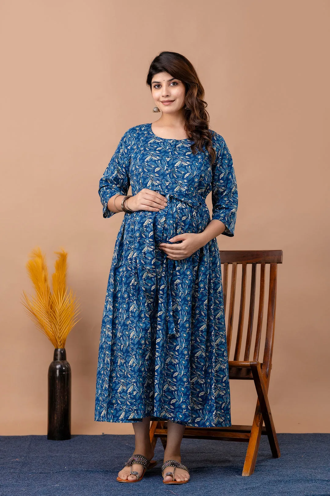 Blue Floral Maternity Dress For Women