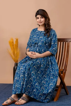 Blue Floral Maternity Dress For Women