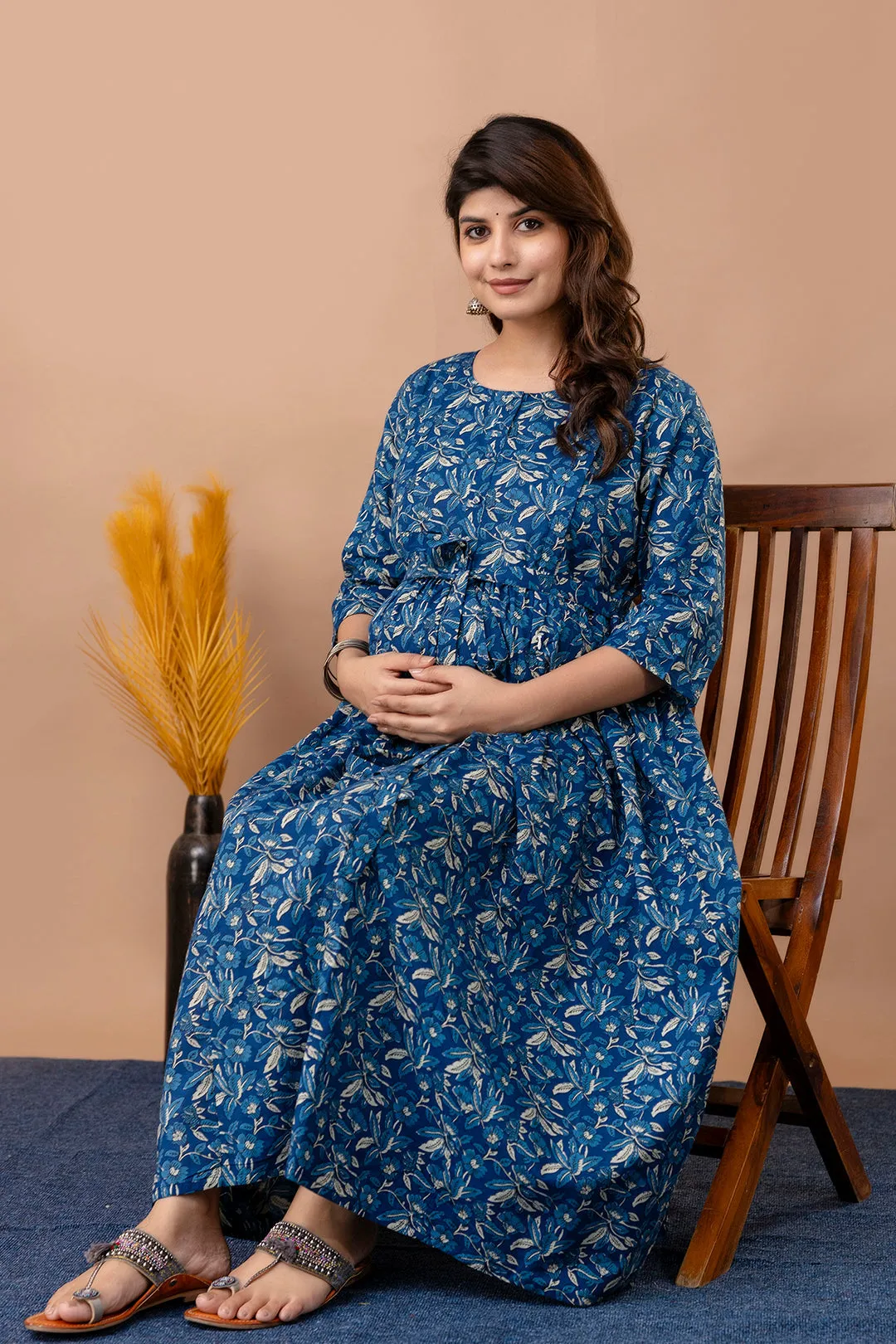 Blue Floral Maternity Dress For Women